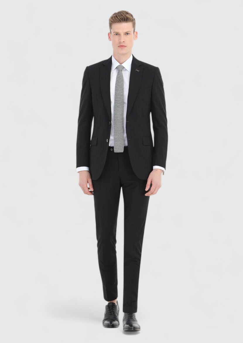 Black Striped Thin&Taller Slim Fit Cotton Blended Suit - 1