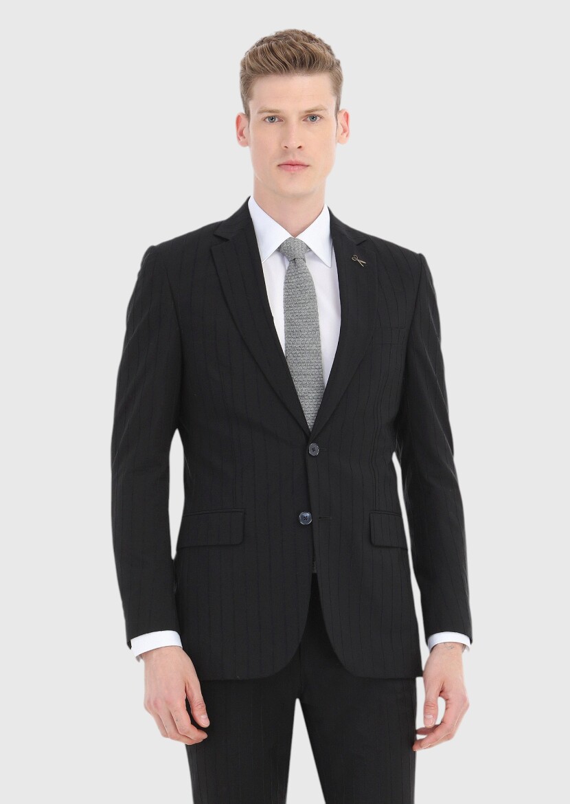 Black Striped Thin&Taller Slim Fit Cotton Blended Suit - 2