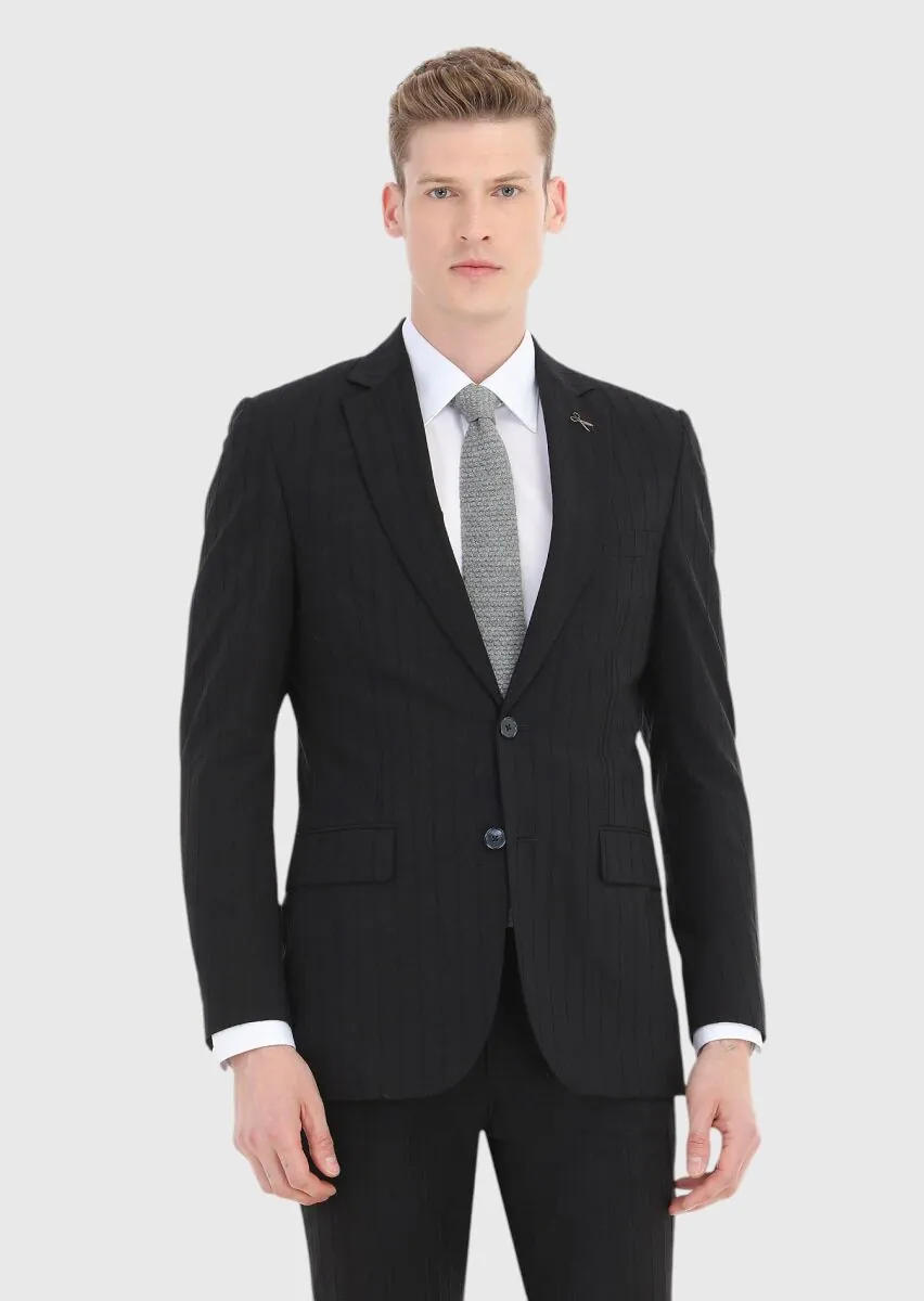 Black Striped Thin&Taller Slim Fit Cotton Blended Suit - 2