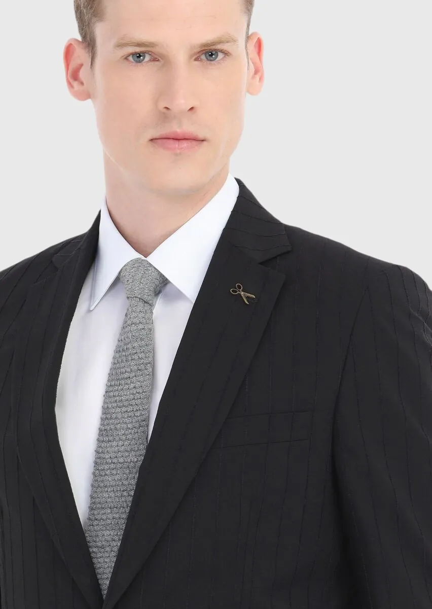 Black Striped Thin&Taller Slim Fit Cotton Blended Suit - 3