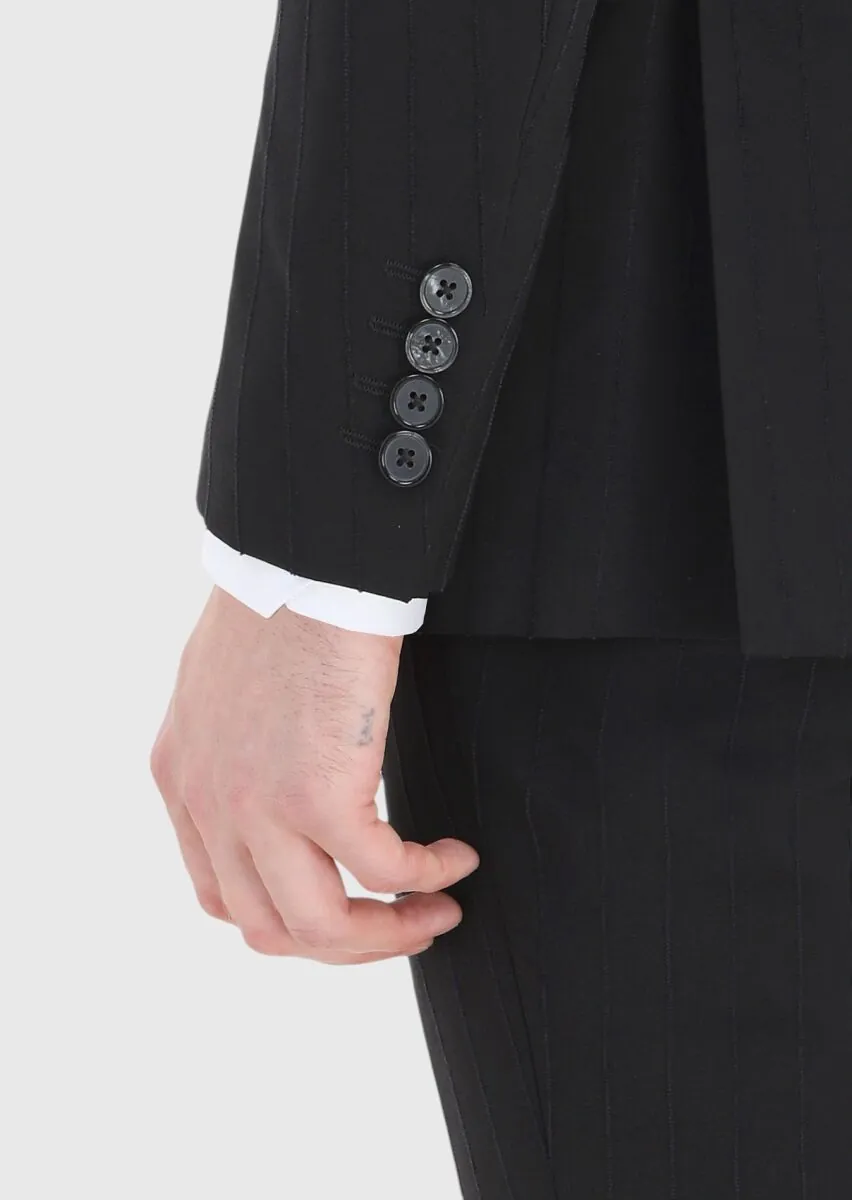 Black Striped Thin&Taller Slim Fit Cotton Blended Suit - 4