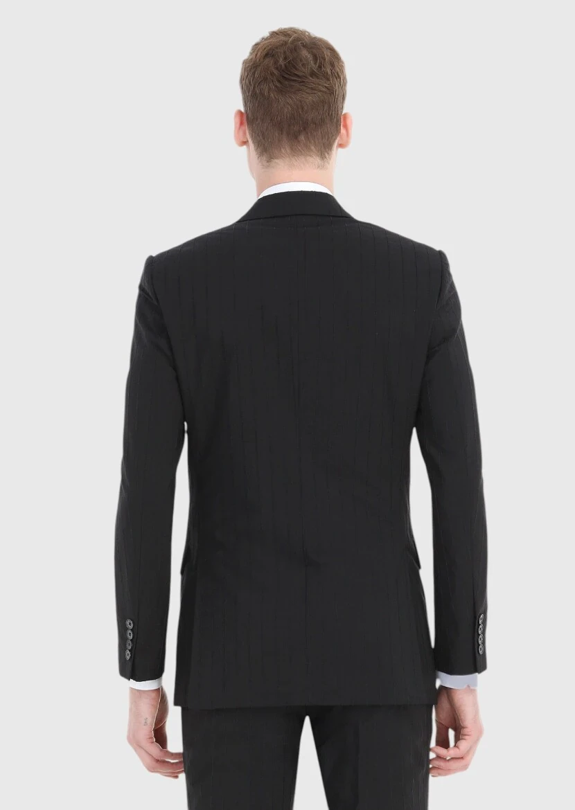 Black Striped Thin&Taller Slim Fit Cotton Blended Suit - 5