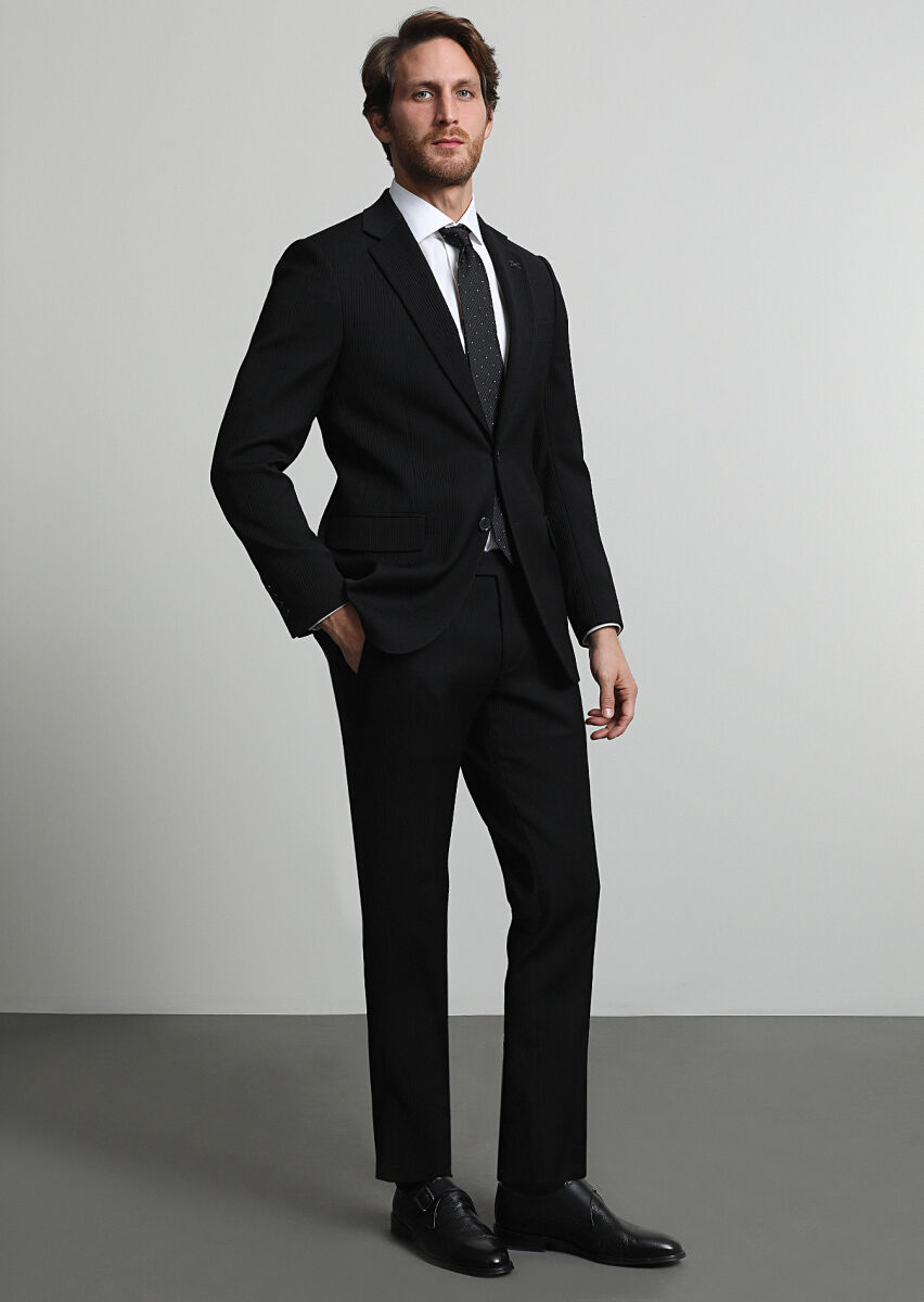 Black Striped Thin&Taller Slim Fit Wool Blended Suit - 1