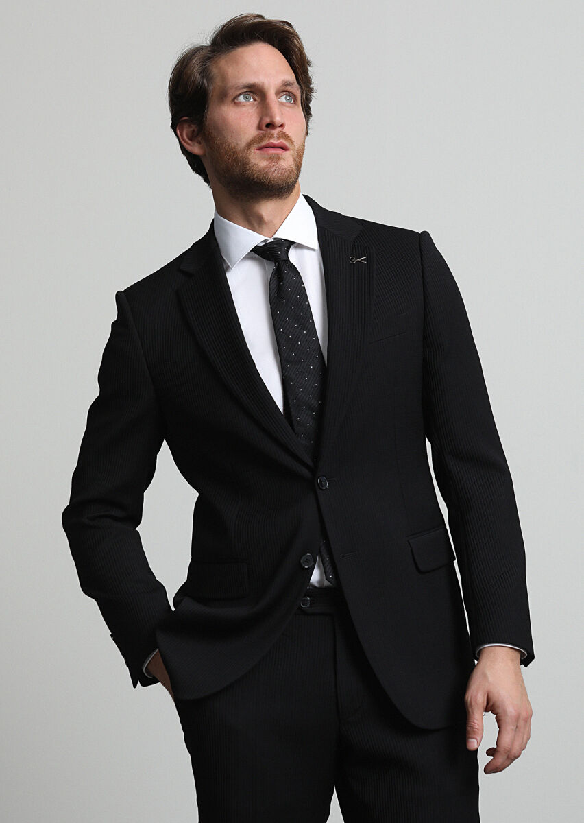 Black Striped Thin&Taller Slim Fit Wool Blended Suit - 3