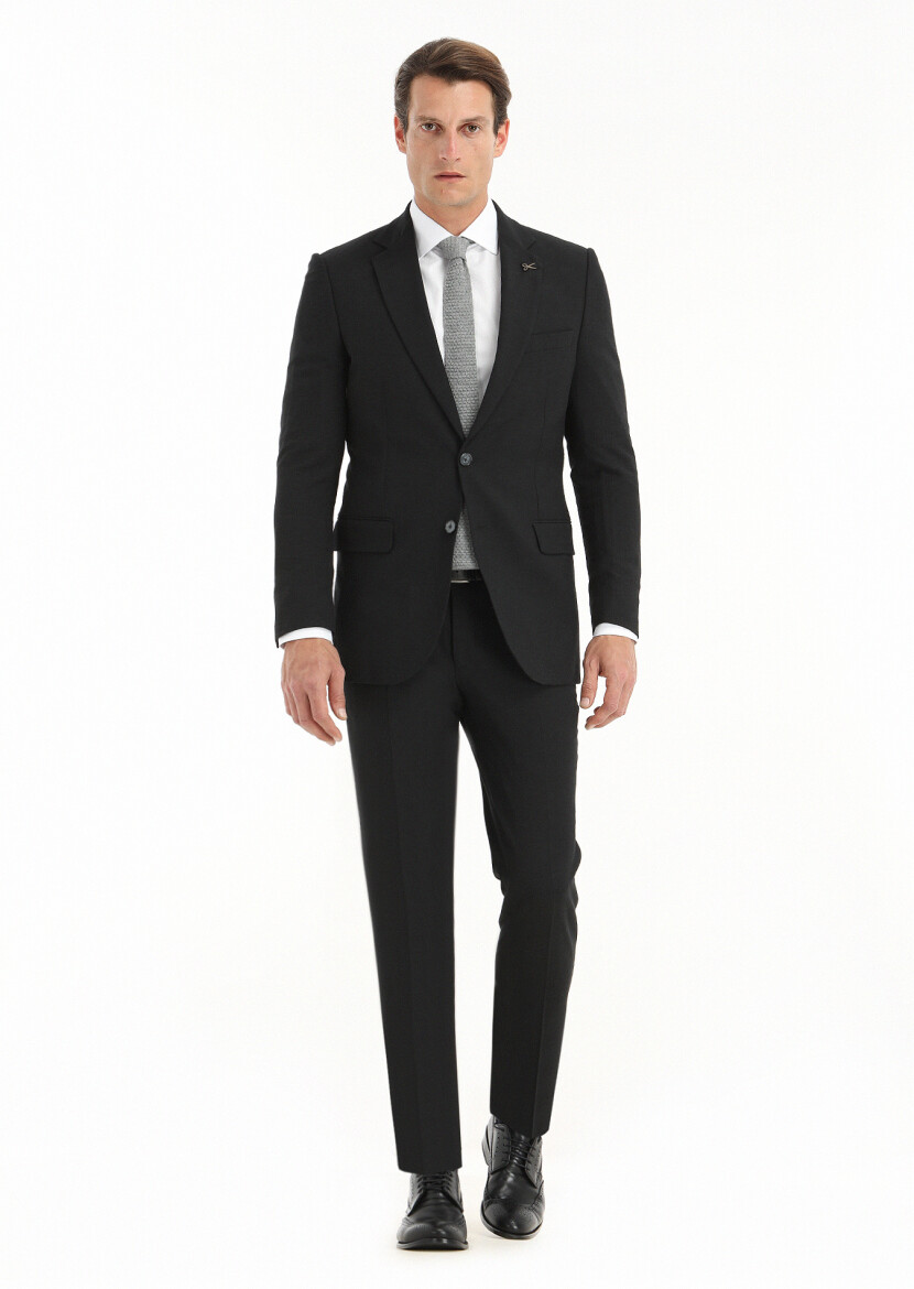 Black Striped Thin&Taller Slim Fit Wool Blended Suit - 1