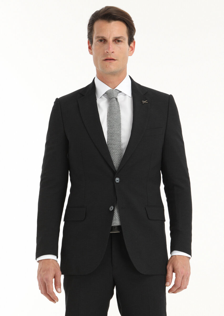 Black Striped Thin&Taller Slim Fit Wool Blended Suit - 2