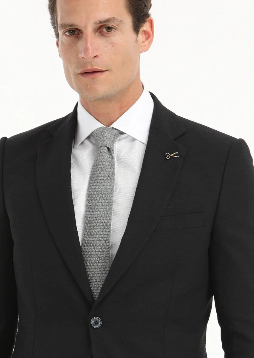 Black Striped Thin&Taller Slim Fit Wool Blended Suit - 2