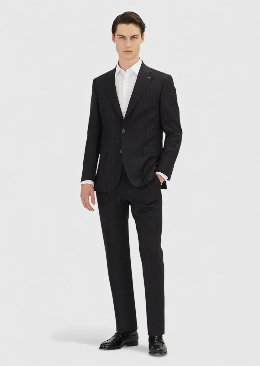 Black Striped Zeroweight Slim Fit 100% Wool Suit - RAMSEY