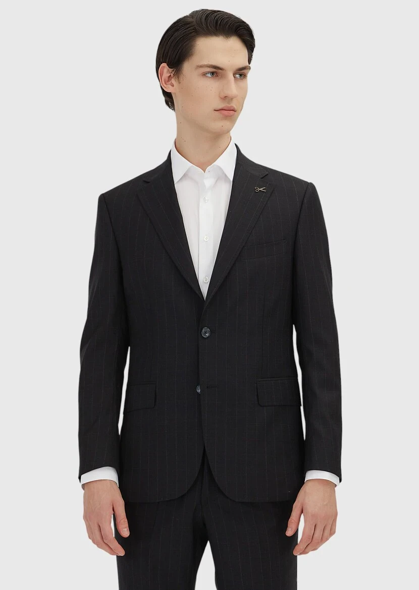 Black Striped Zeroweight Slim Fit 100% Wool Suit - RAMSEY