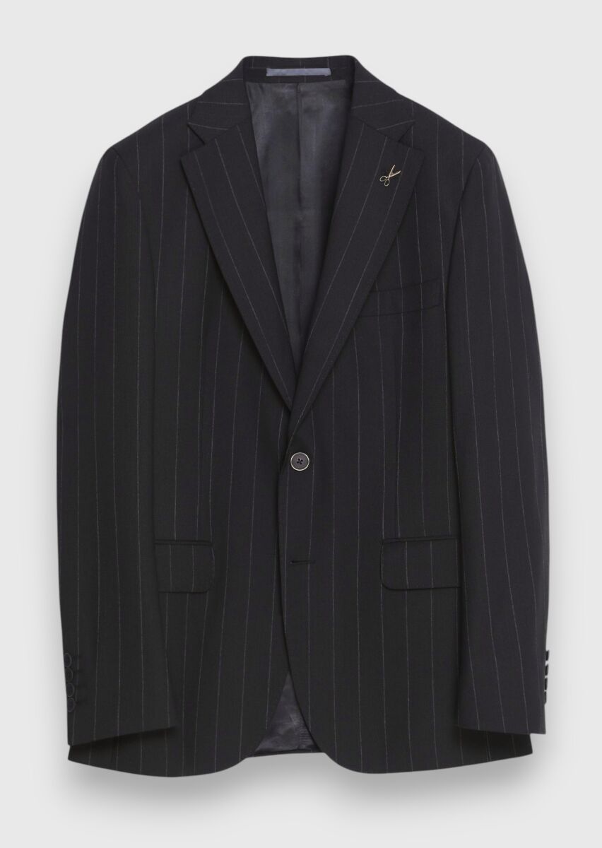 Black Striped Zeroweight Slim Fit 100% Wool Suit - 6