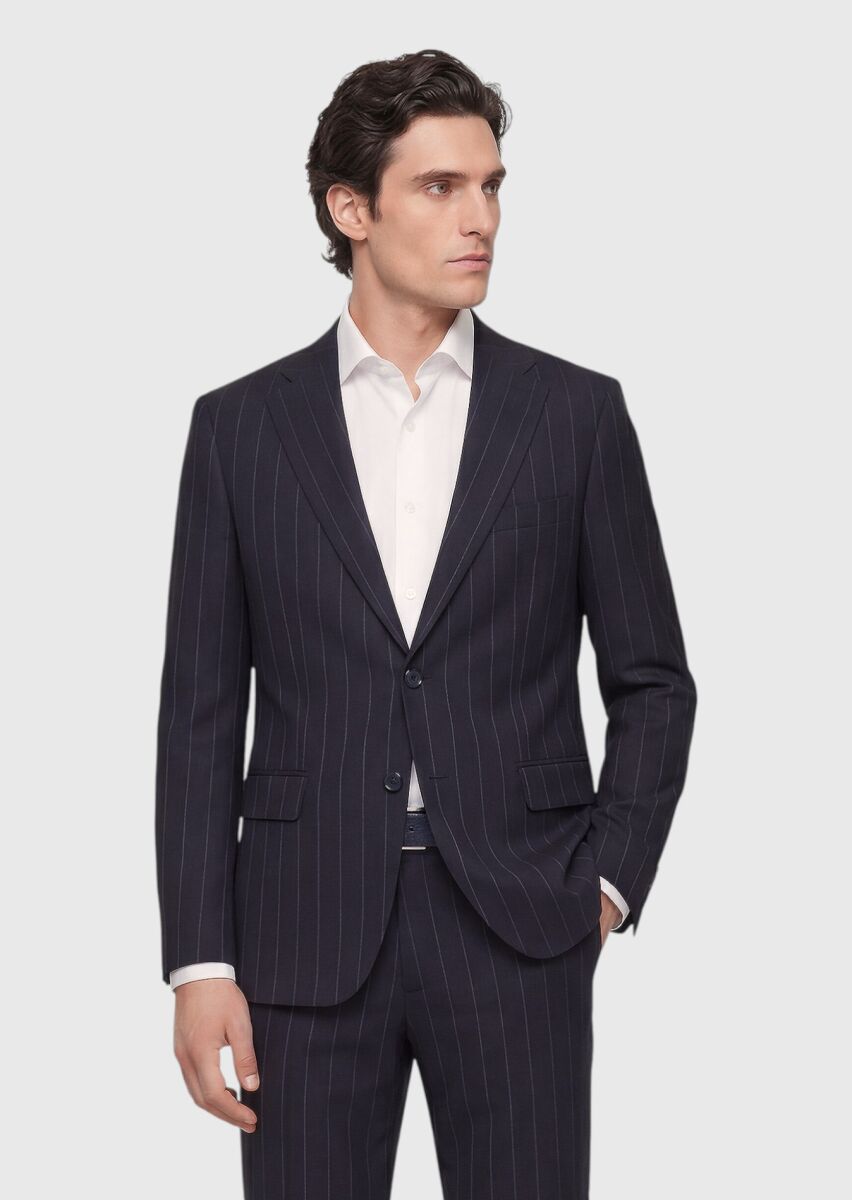 Black Striped Zeroweight Slim Fit 100% Wool Suit - 3