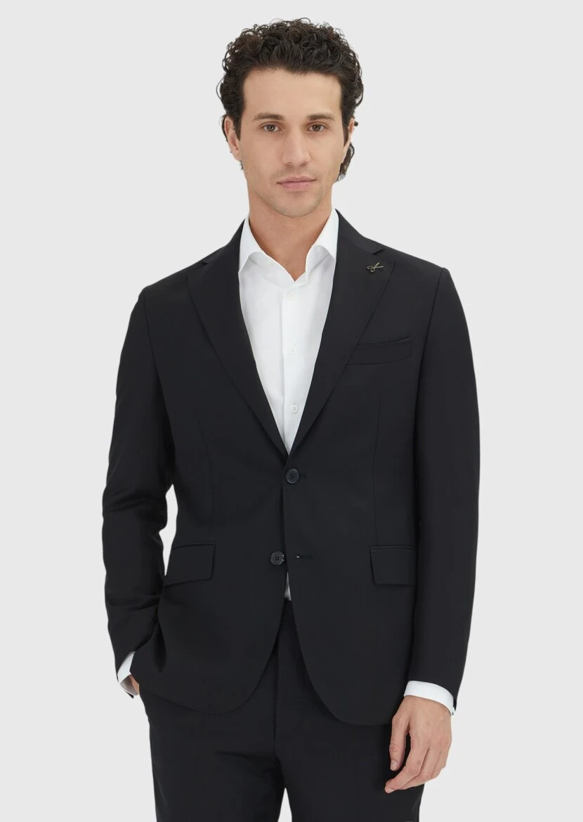 Black Striped Zeroweight Slim Fit 100% Wool Suit - 1