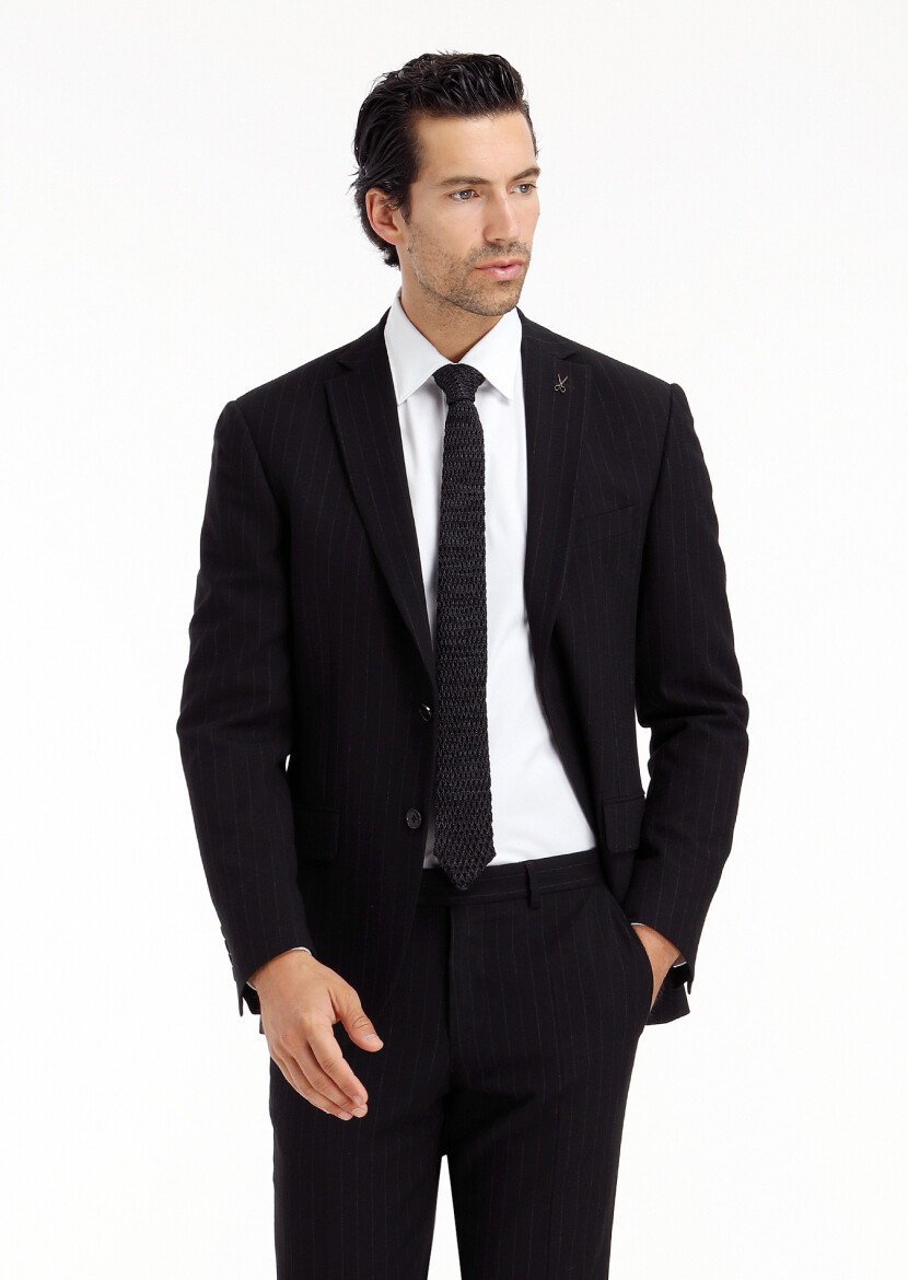 Black Striped Zeroweight Slim Fit Wool Blended Suit - 2