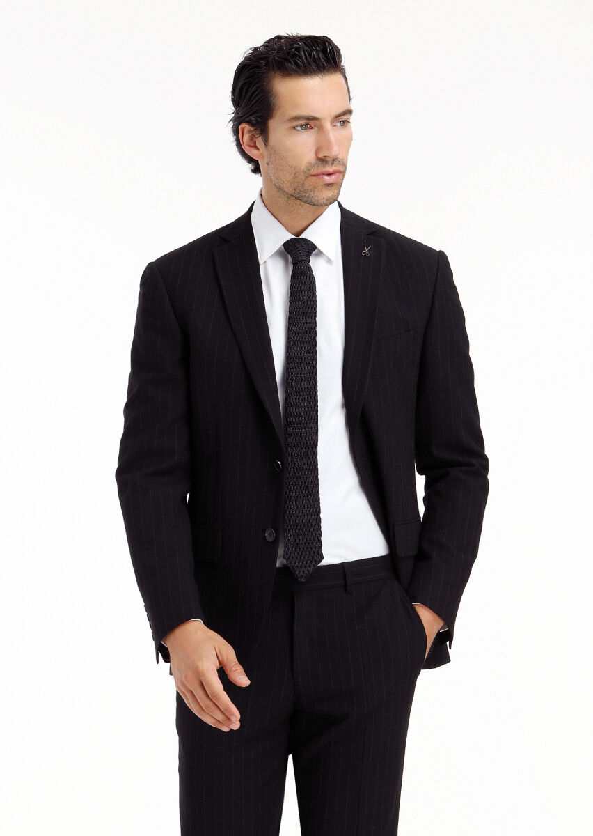 Black Striped Zeroweight Slim Fit Wool Blended Suit - 2