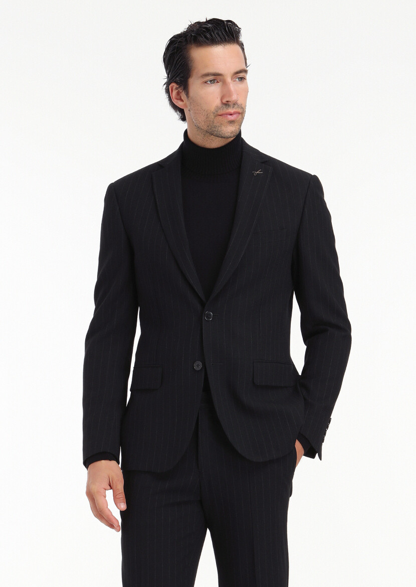 Black Striped Zeroweight Slim Fit Wool Blended Suit - 5