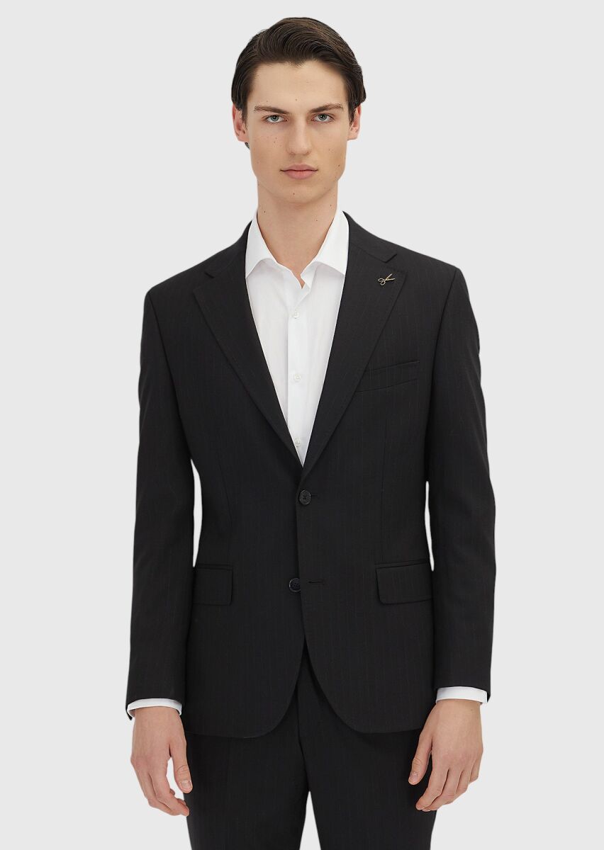 Black Striped Zeroweight Slim Fit Wool Blended Suit - 2