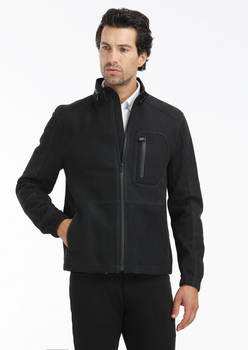 Black Suede Leather Coat - 1