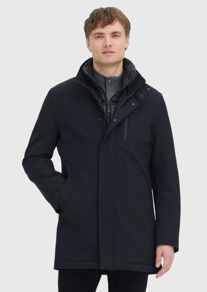 Black Turtleneck Casual Weaving Coat - 1