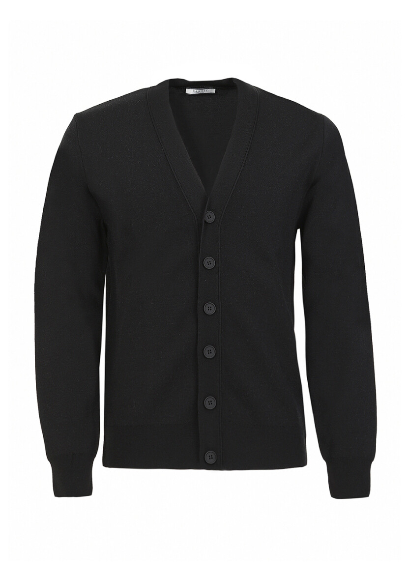 Black V-Neck Plain Knitting Cardigan - 6