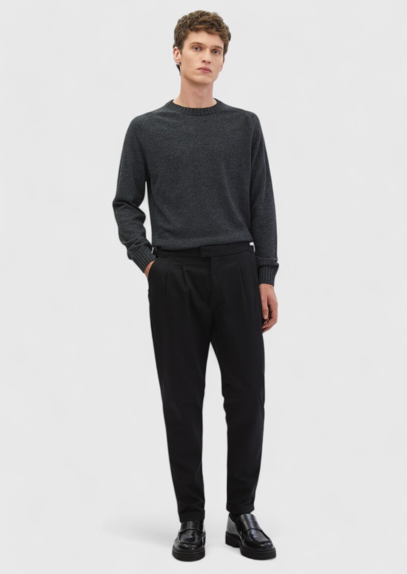 Black Weaving Carrot Fit Casual Cotton Blended Trousers - RAMSEY