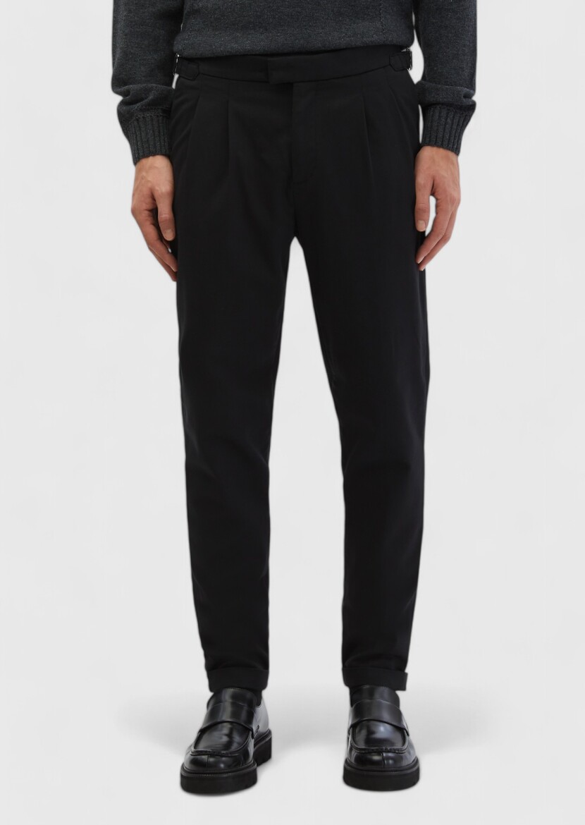 Black Weaving Carrot Fit Casual Cotton Blended Trousers - RAMSEY