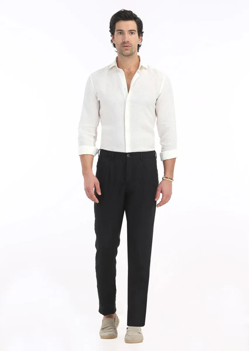 Black Weaving Jogging Fit Casual 100% Linen Trousers - 1