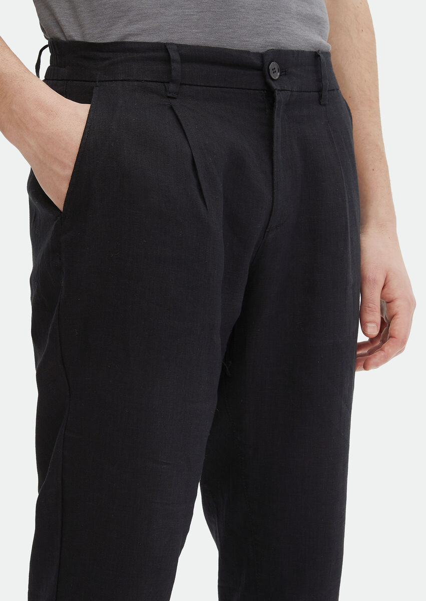 Black Weaving Jogging Fit Casual 100% Linen Trousers - 3