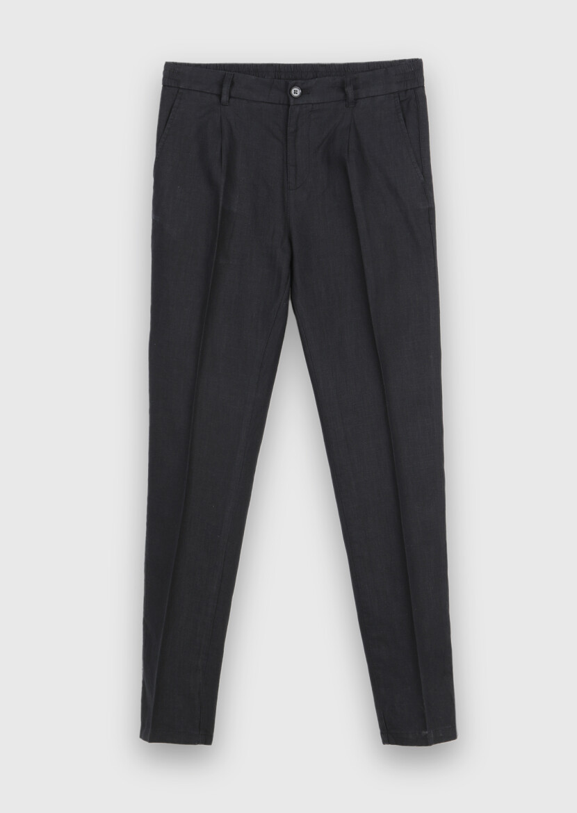 Black Weaving Jogging Fit Casual 100% Linen Trousers - 5