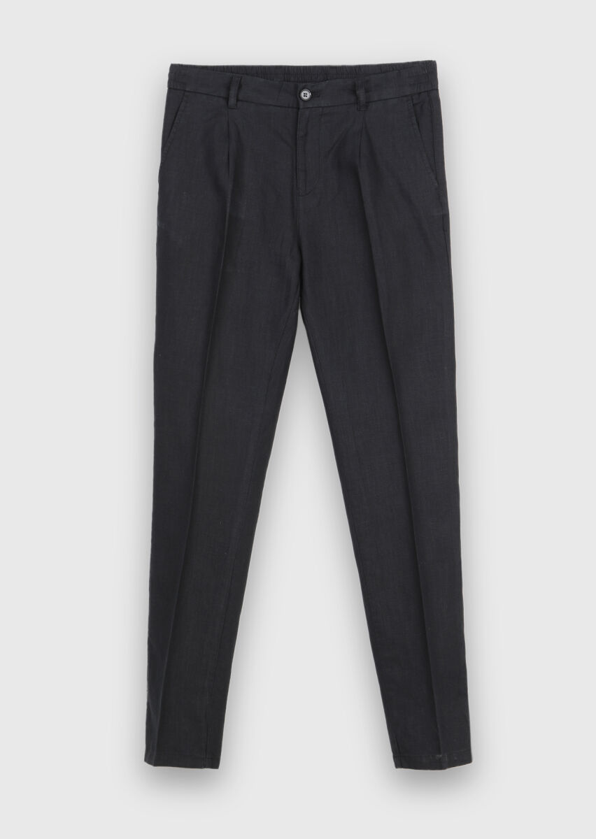 Black Weaving Jogging Fit Casual 100% Linen Trousers - 5
