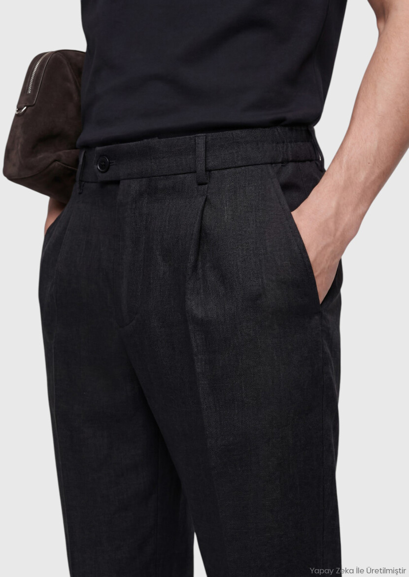 Black Weaving Jogging Fit Casual 100% Linen Trousers - RAMSEY