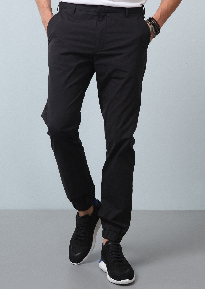 Black Weaving Jogging Fit Casual Cotton Blended Trousers - 2