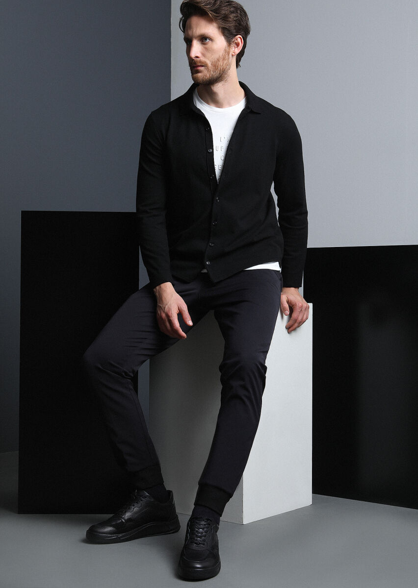 Black Weaving Jogging Fit Casual Cotton Blended Trousers - 2