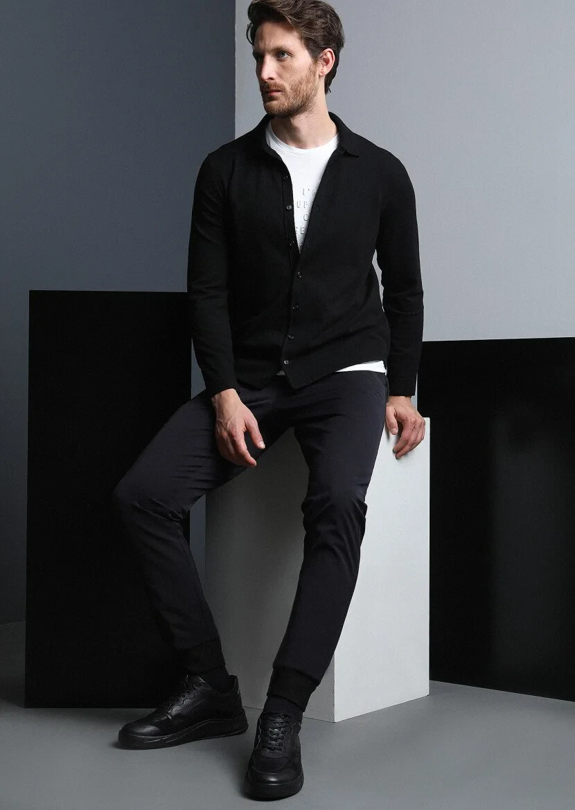 Black Weaving Jogging Fit Casual Cotton Blended Trousers - 2