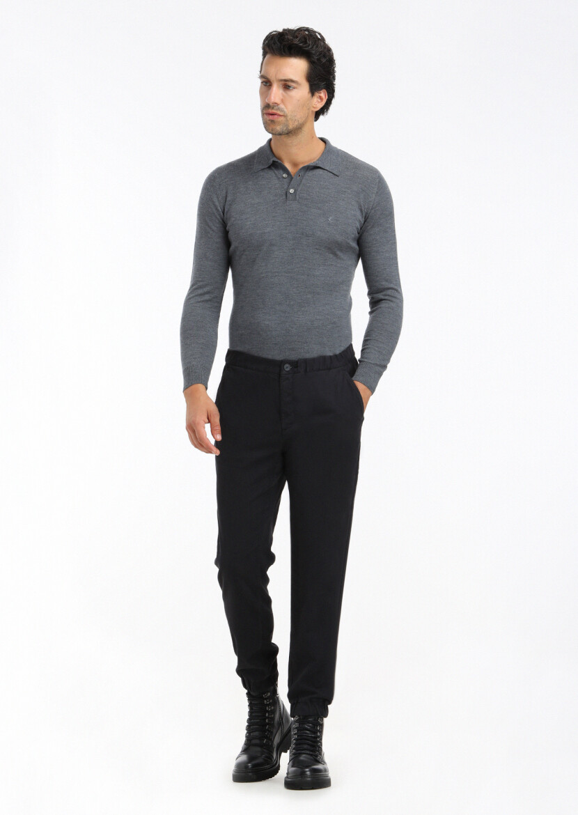 Black Weaving Jogging Fit Casual Cotton Blended Trousers - 2