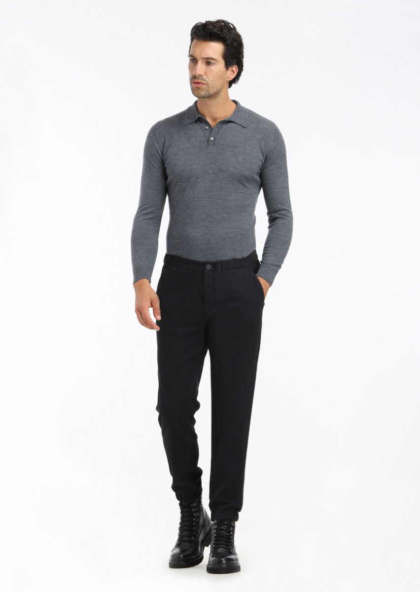 Black Weaving Jogging Fit Casual Cotton Blended Trousers - 2