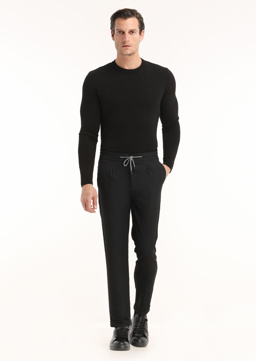 Black Weaving Jogging Fit Casual Trousers - 1