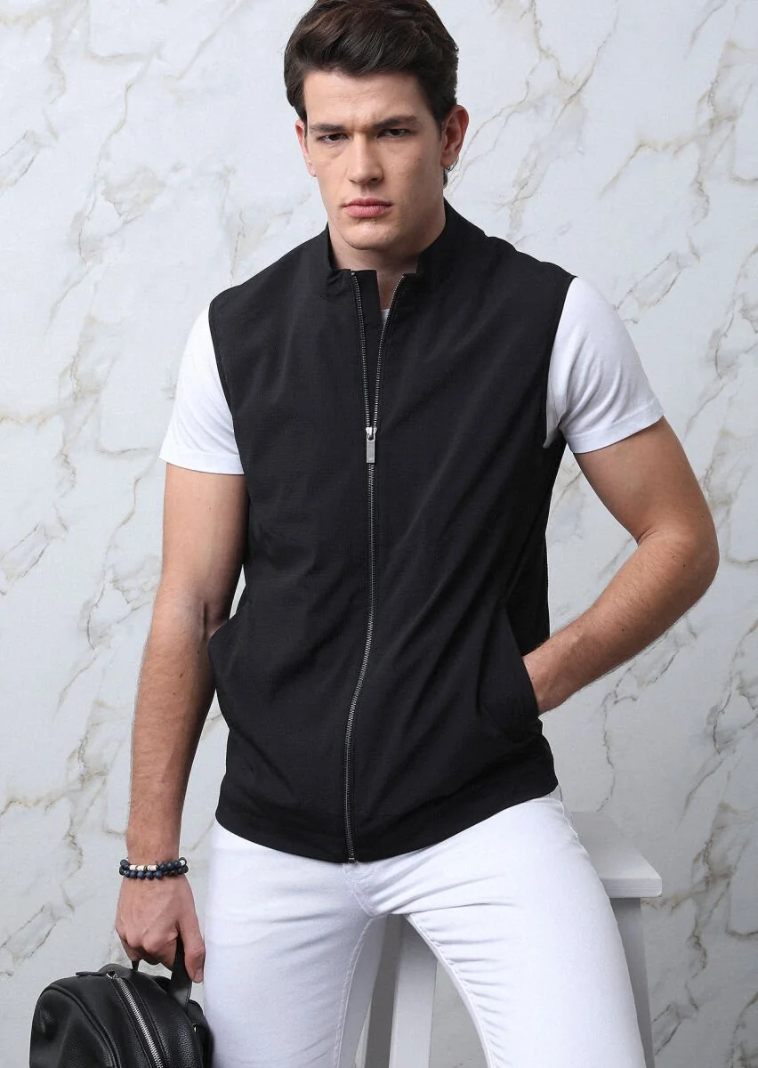 Black Weaving Puffer Vest - 3