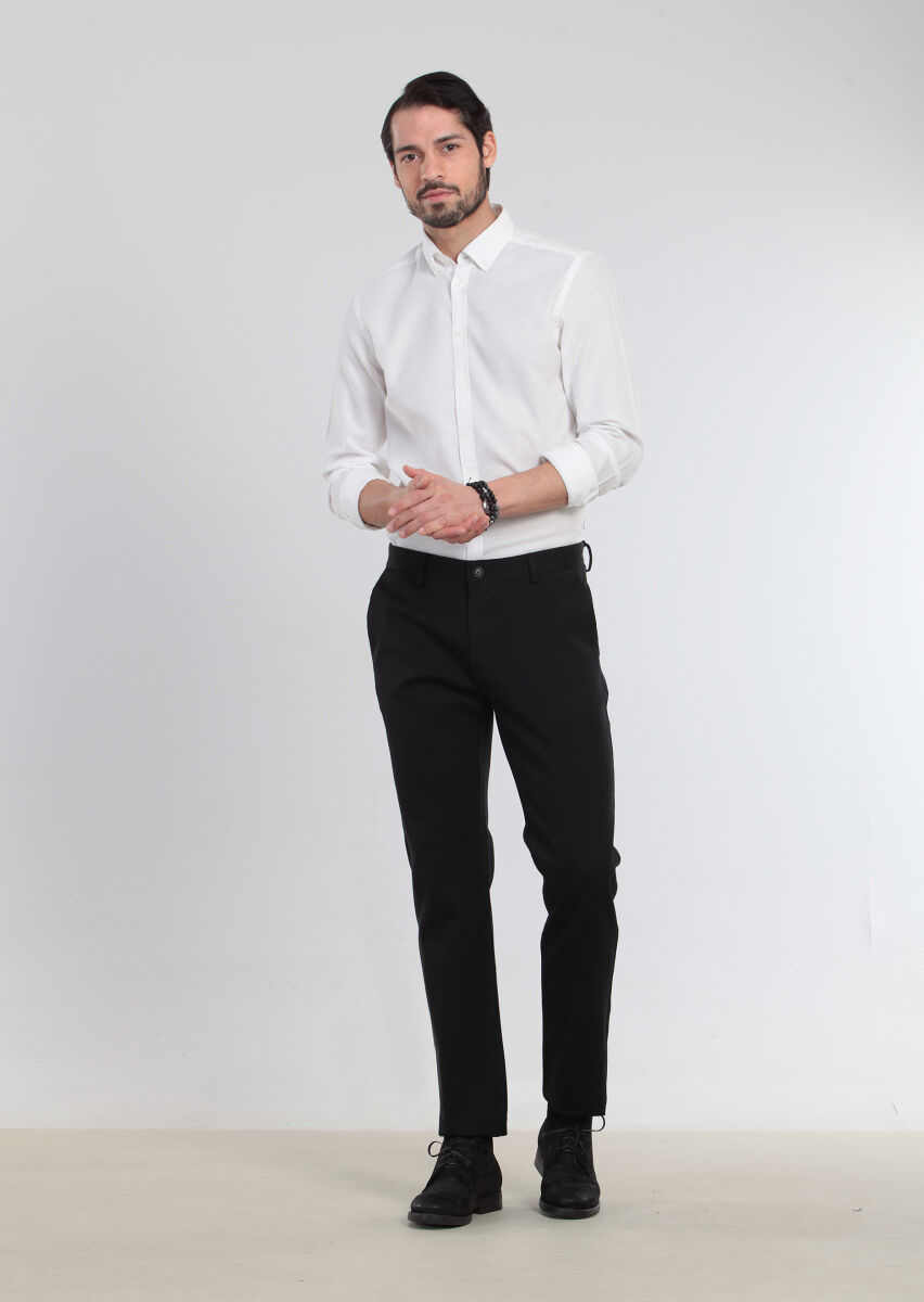 Black Weaving Regular Fit Casual 100% Cotton Trousers - 2