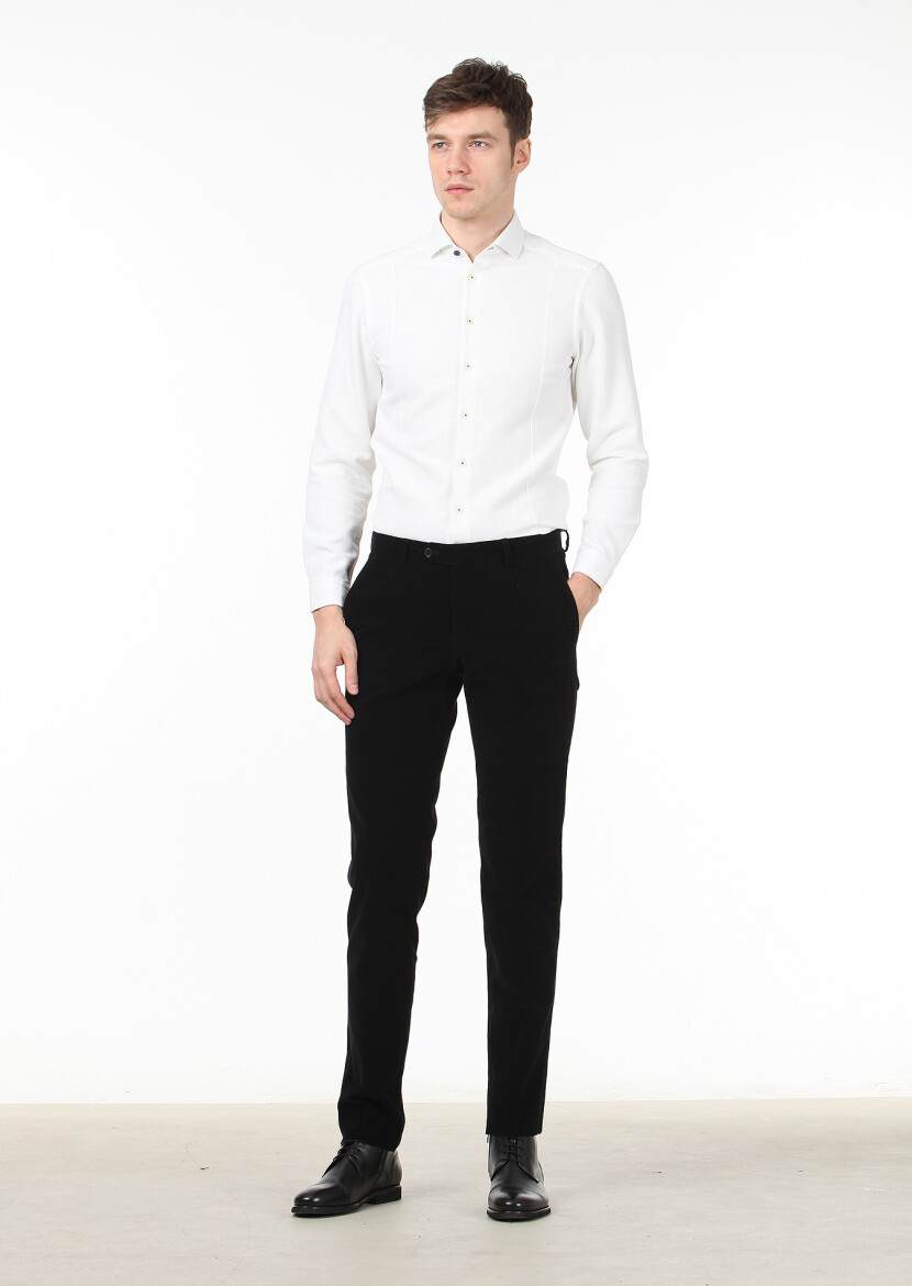 Black Weaving Regular Fit Casual 100% Cotton Trousers - 1
