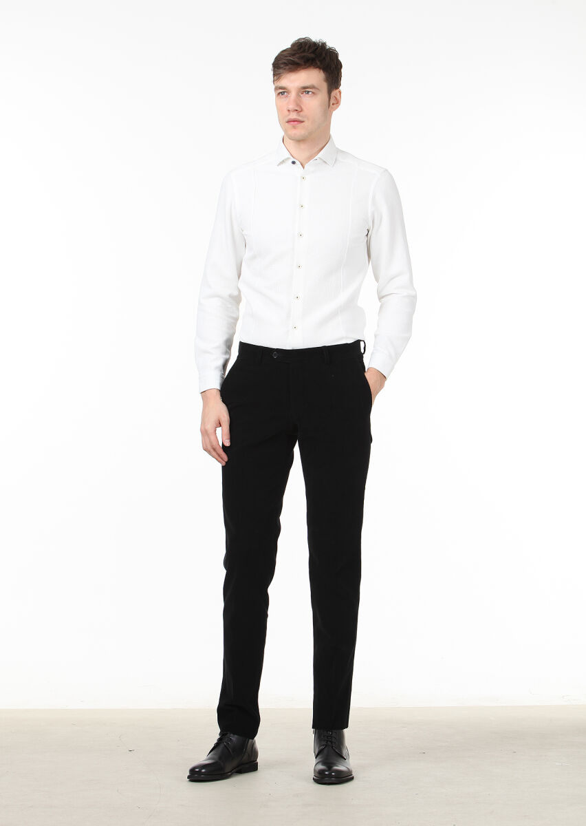 Black Weaving Regular Fit Casual 100% Cotton Trousers - 1