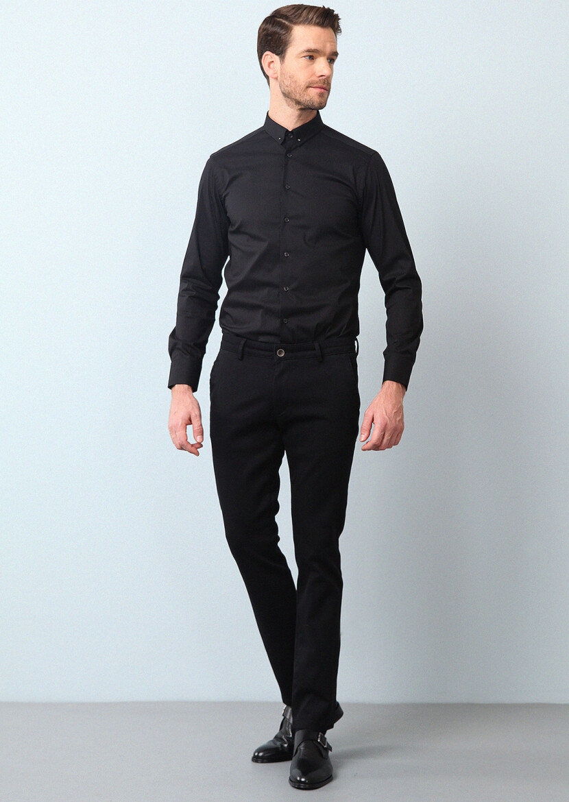 Black Weaving Regular Fit Casual 100% Cotton Trousers - 1