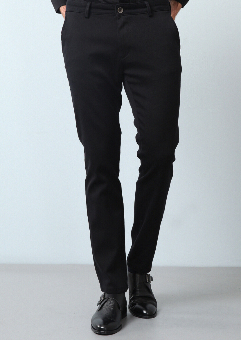 Black Weaving Regular Fit Casual 100% Cotton Trousers - 2