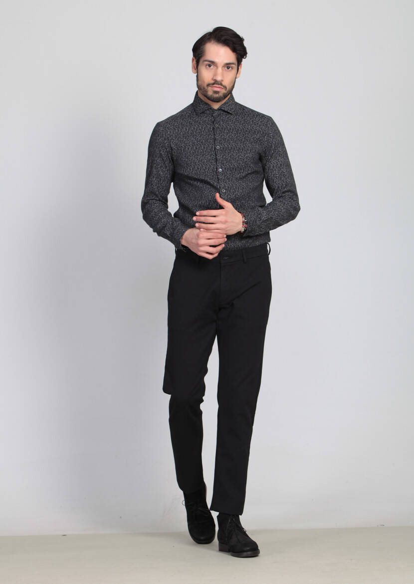 Black Weaving Regular Fit Casual Cotton Blended Trousers 