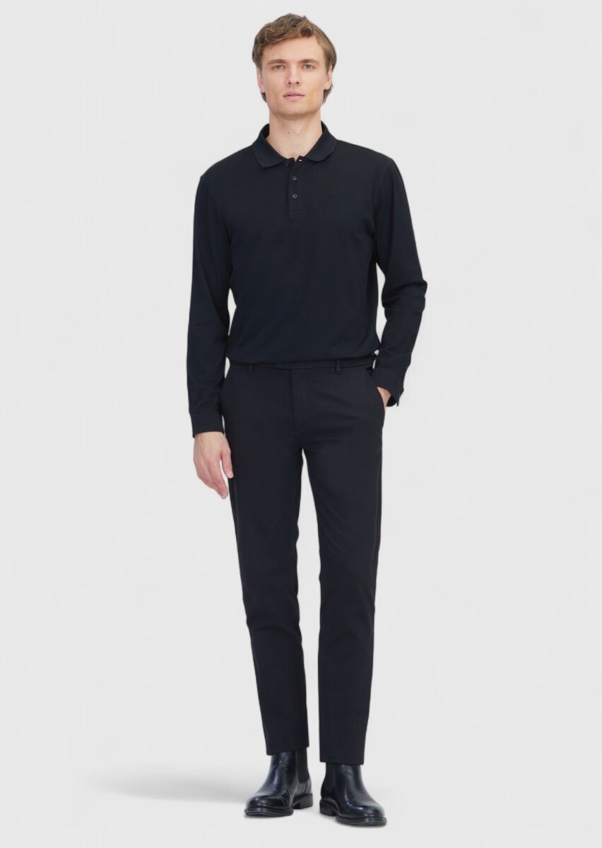 Black Weaving Regular Fit Casual Cotton Blended Trousers - 1