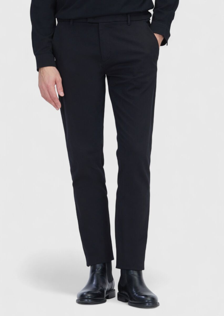 Black Weaving Regular Fit Casual Cotton Blended Trousers - 2