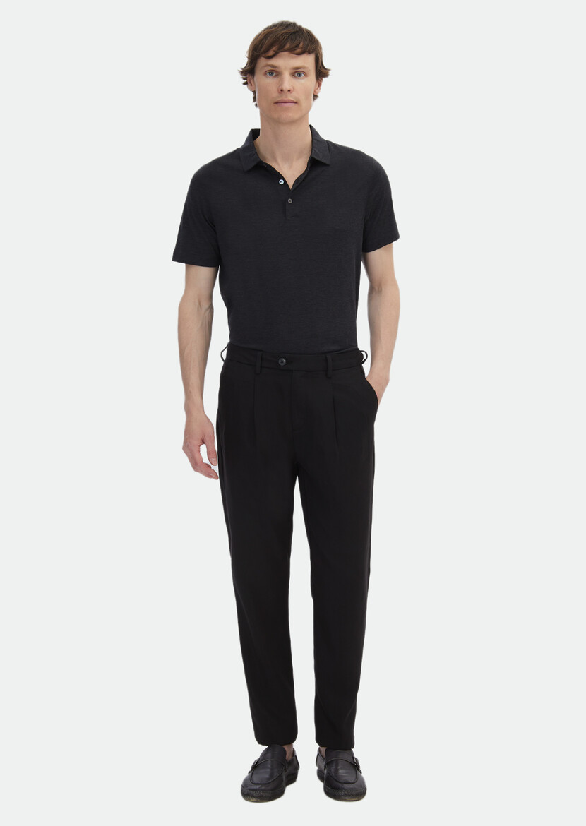 Black Weaving Regular Fit Casual Trousers - 1