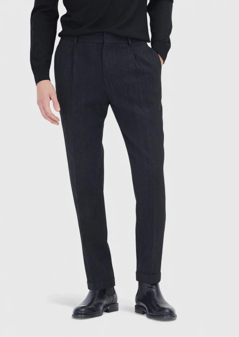 Black Weaving Regular Fit Casual Wool Blended Trousers - RAMSEY
