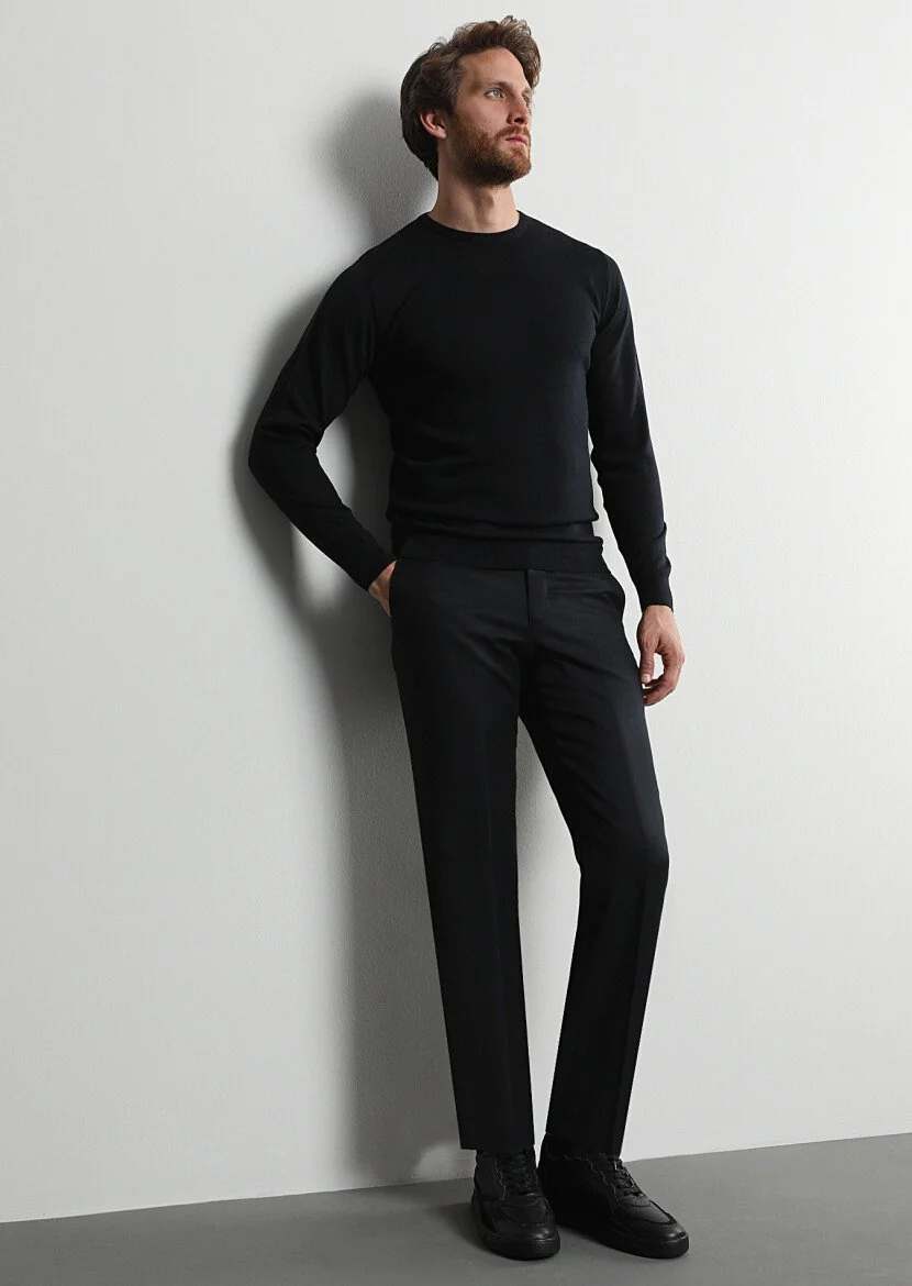 Black Weaving Regular Fit Classical 100% Wool Trousers - 1