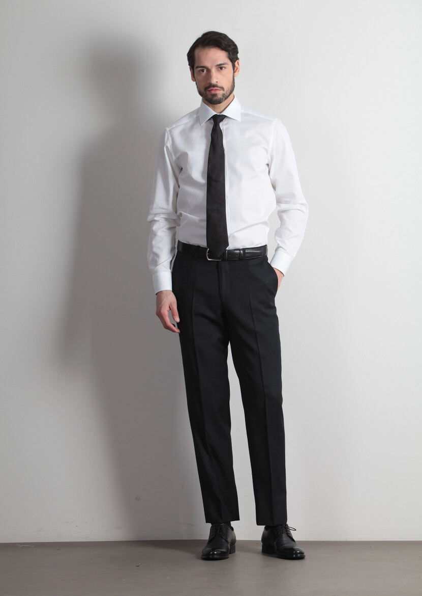 Black Weaving Regular Fit Classical 100% Wool Trousers - 1