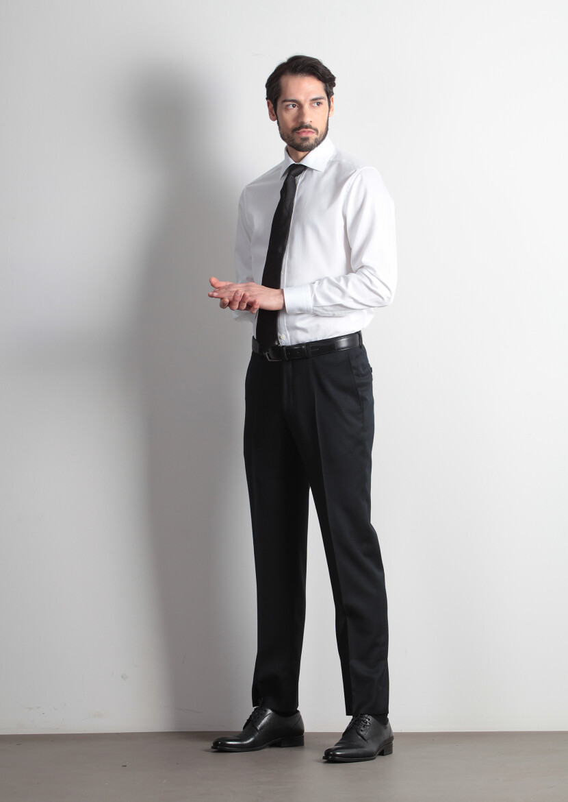 Black Weaving Regular Fit Classical 100% Wool Trousers - 3